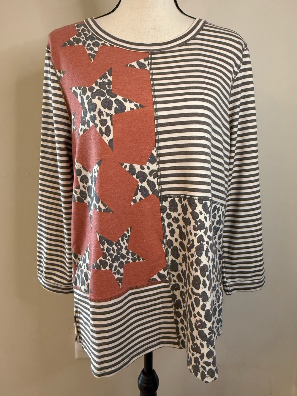 Multiples boho patchwork sweater top cow print stars stripes SZ M